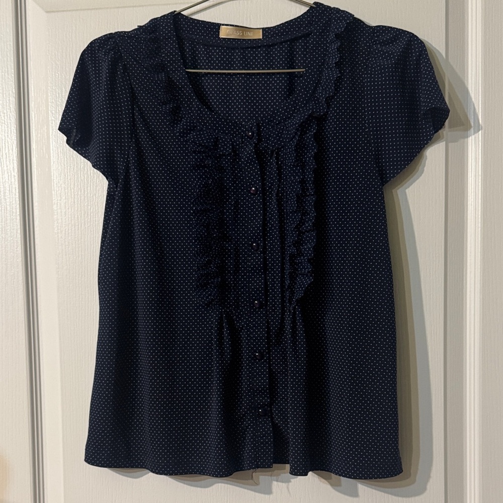 Navy Polka Dot Ruffle Front Blouse - Women